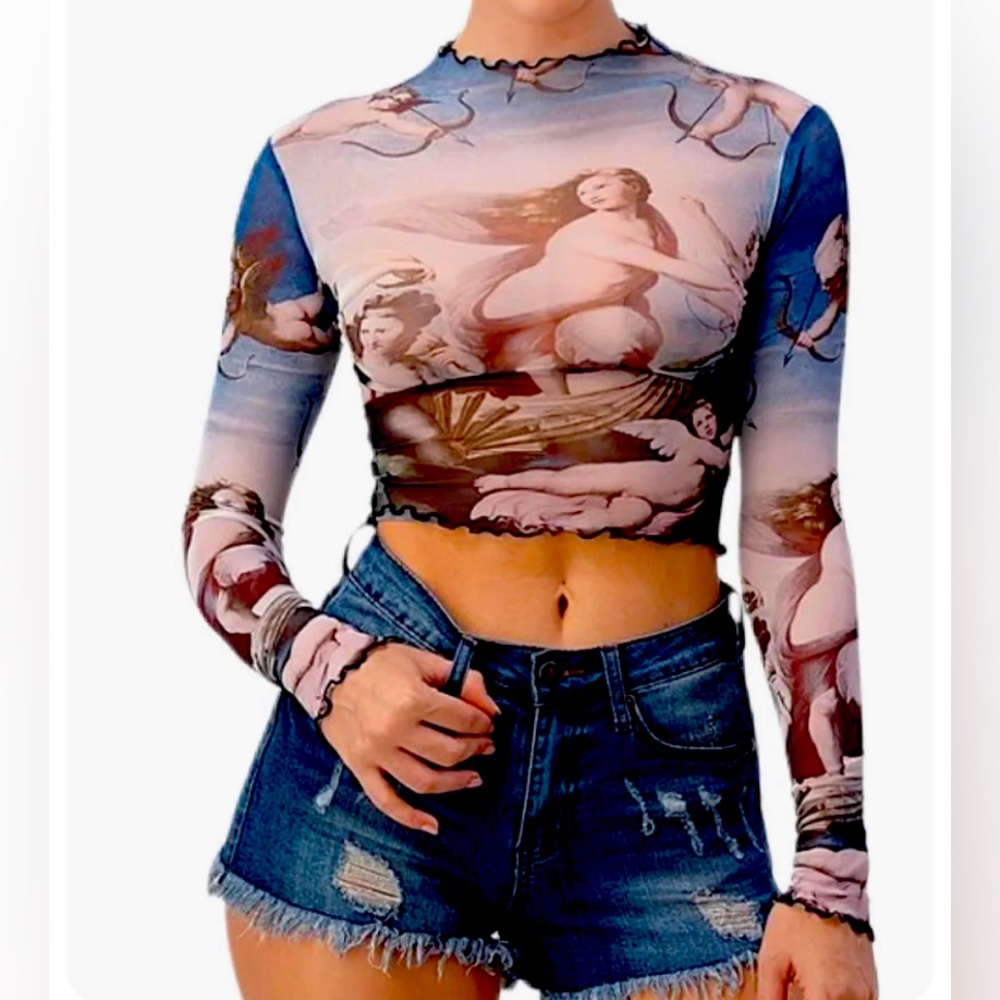 LONG SLEEVE MOCK NECK ANGEL PRINTED MESH CROP TOP Renaissance Biker Rave party